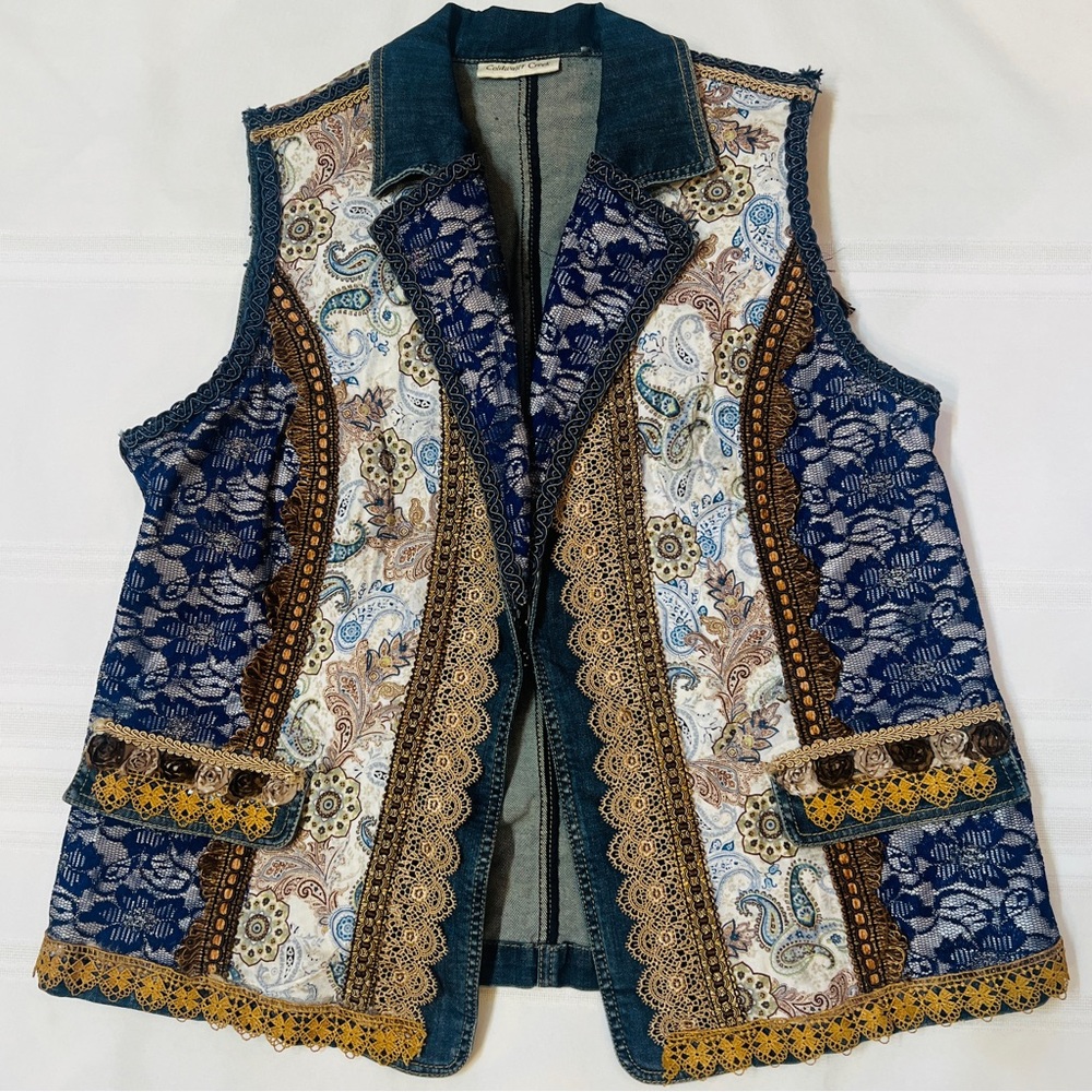 Upcycled Denim Jean Vest OOAK Coldwater Creek Denim BOHO Chic‎ EUC Sz L/XL